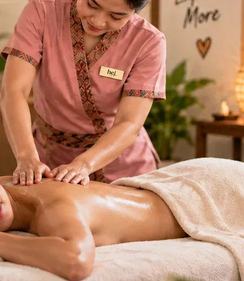 A therapist giving a relaxing back massage at hej. Monthip Massage